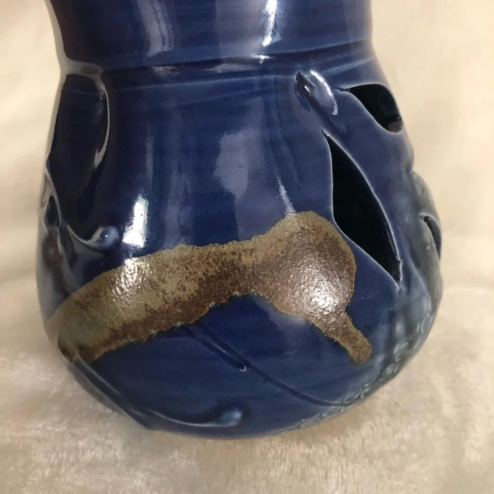 Studio Pottery Candleholder Luminary Lantern Cutouts Bird Design - Artist Signed